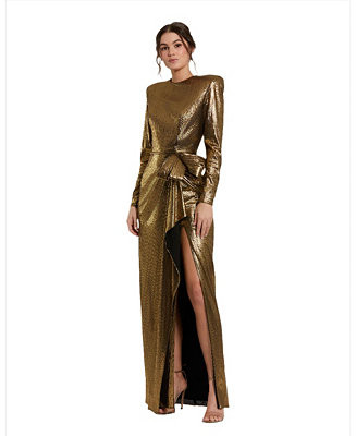 Women's Metallic Jersey Long Sleeve Gown With Bow | Macy's