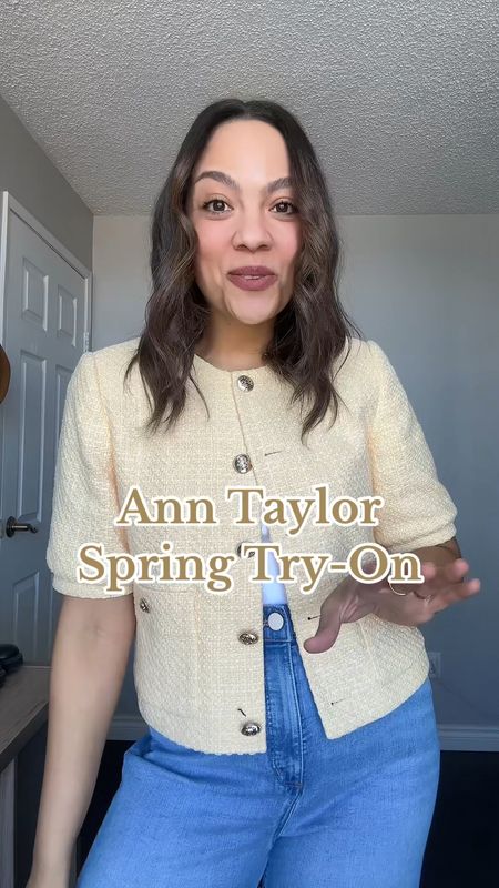 Ann Taylor try on for spring!
-Yellow tweed puff sleeve jacket, I have a medium. 
-Red and white plaid tweed jacket, I have a medium. 
-Blue and white crochet cardigan, I have a medium. 
-Light wash trouser jeans, I have a size 10. 
-Light blue and white wide leg trousers. I have a size 8. 
-White tank top. I have a medium. 
-Tan slip on sandals. 


#LTKstyletip #LTKSeasonal #LTKVideo