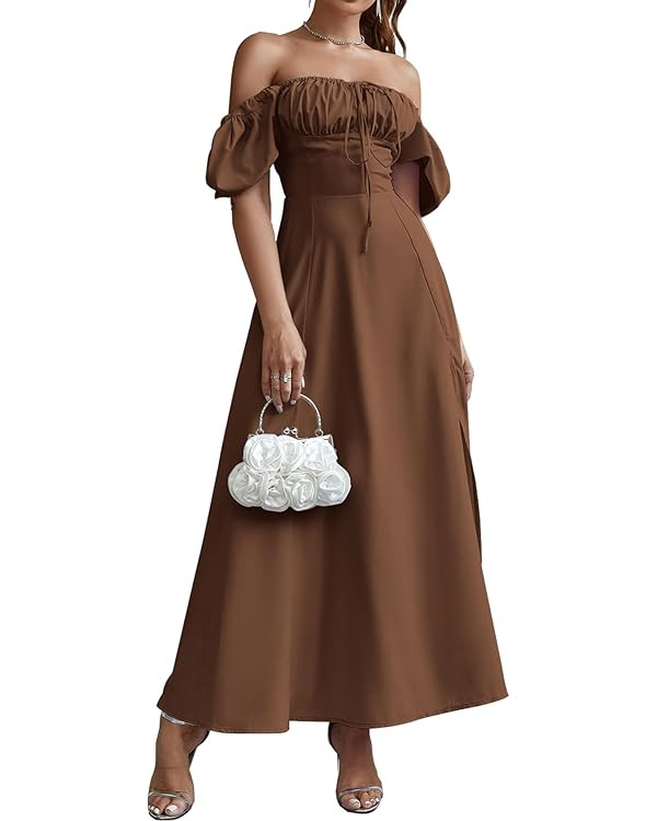 Women's Summer Puff Sleeve Floral Split Maxi Dress Flowy A Line Casual Beach Long Dresses 2025 | Amazon (US)