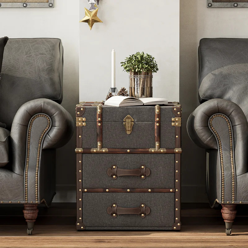 Lannigan Vintage Storage Chest with Buckle Hinged Top, Linen Accent End Side Table | Wayfair North America