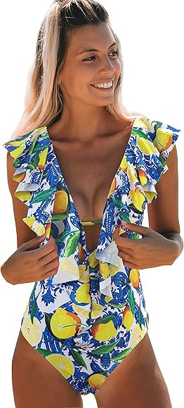SPORLIKE Women One Piece Swimsuit V-Neck Ruffle Bathing Suit Padded Monokini | Amazon (US)