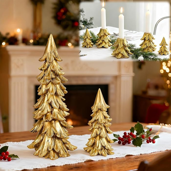 Stentec Christmas Table Decorations, Vintage Xmas Golden Resin Tree Candle Holders Set, Combined into Golden Tabletop Pine Tree for Holiday Wedding Party Mantle Fireplace Dining Room Centerpieces | Amazon (US)