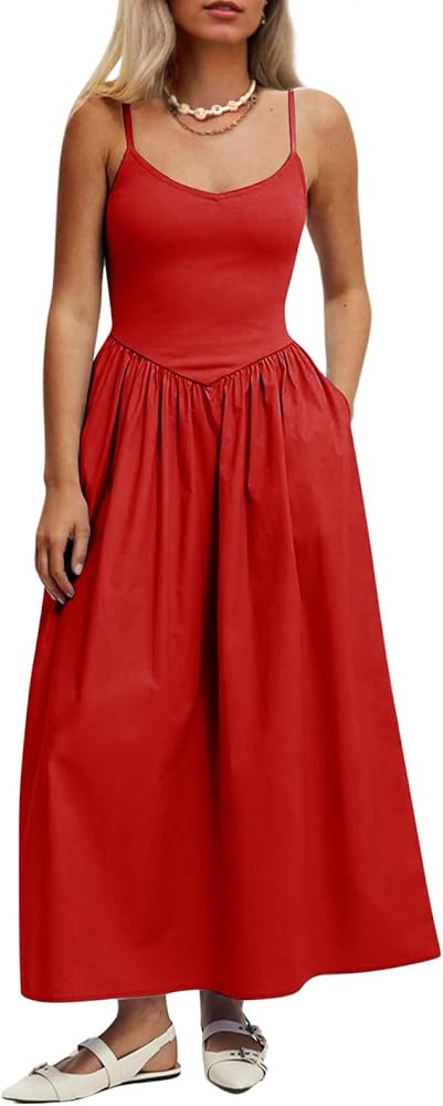 Women’s Sleeveless V-Neck Maxi Dress with Pockets – Slim Fit Casual Summer Spaghetti Strap Dr... | Amazon (US)