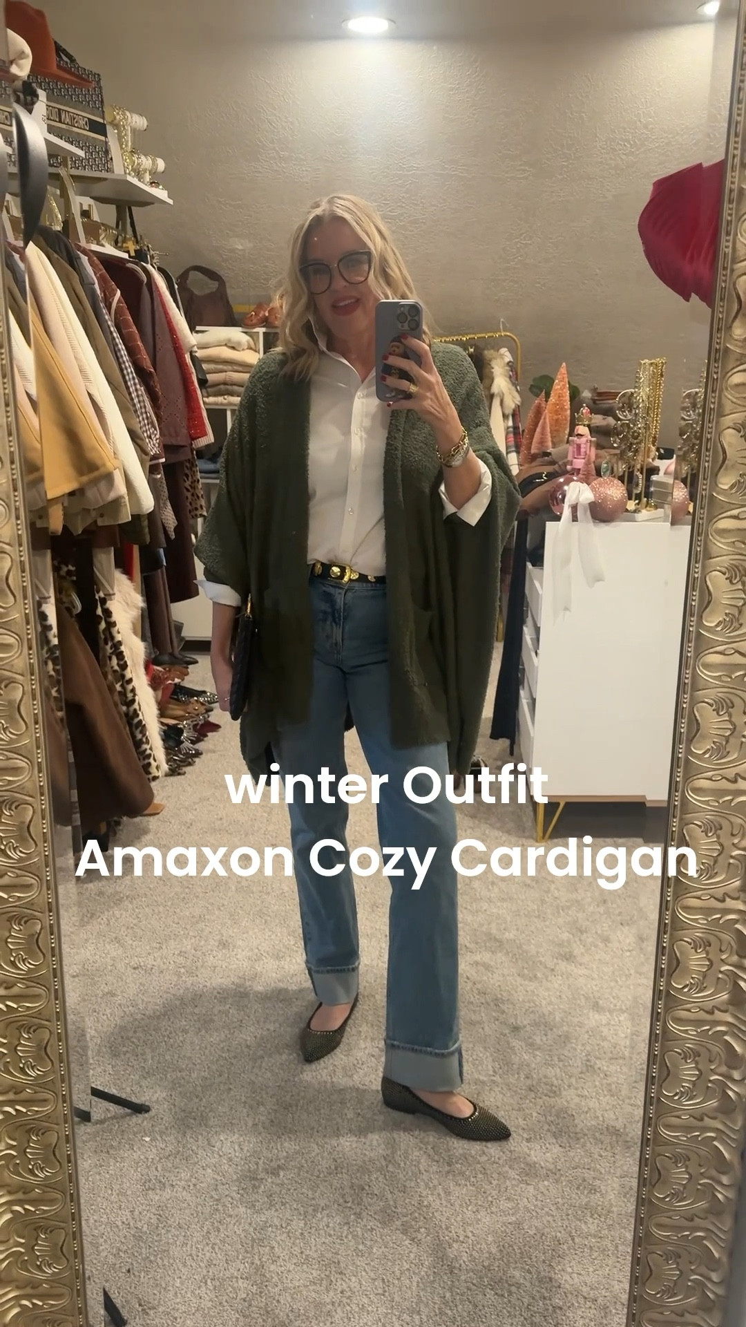 -Amazon find-
Cozy cardigan 
Outfit staples you’ll wear on repeat

-Cozy cardigan 
Comes is several colors, open front, longer back / one size fits all and comes in several colors.

-Chicos no iron white button up 
Tts  classic wardrobe piece 

-gold studs and black belt by Chicos tts sale

- Chicos black and gold stud pointed toe flares tts  sale

- cuff denim jeans  by Abercrombie & finch I sized up
A favorite Jean 

Gold hoops by Julie voz

#LTKOver40 #LTKootd #LTKFindsUnder50