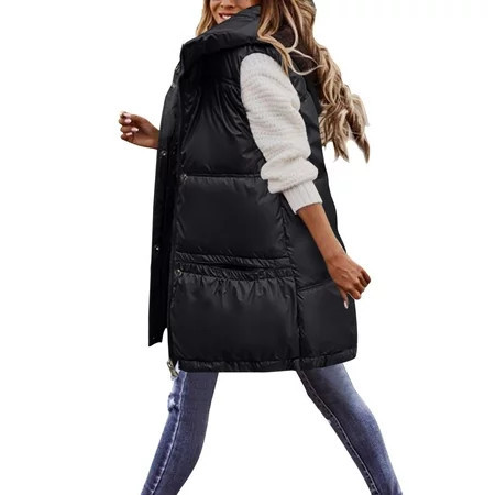 njshnmn Womens Puffer Vest Zip Up Hoodie Quilted Vest Jacket Long Puffer Vest Women Black XXL | Walmart (US)