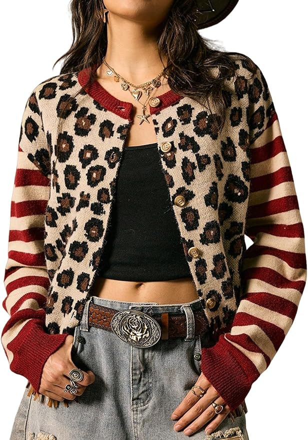 Women Sweaters Cardigan Leopard Print Striped Color Block Round Neck Drop Shoulder Long Sleeves B... | Amazon (US)