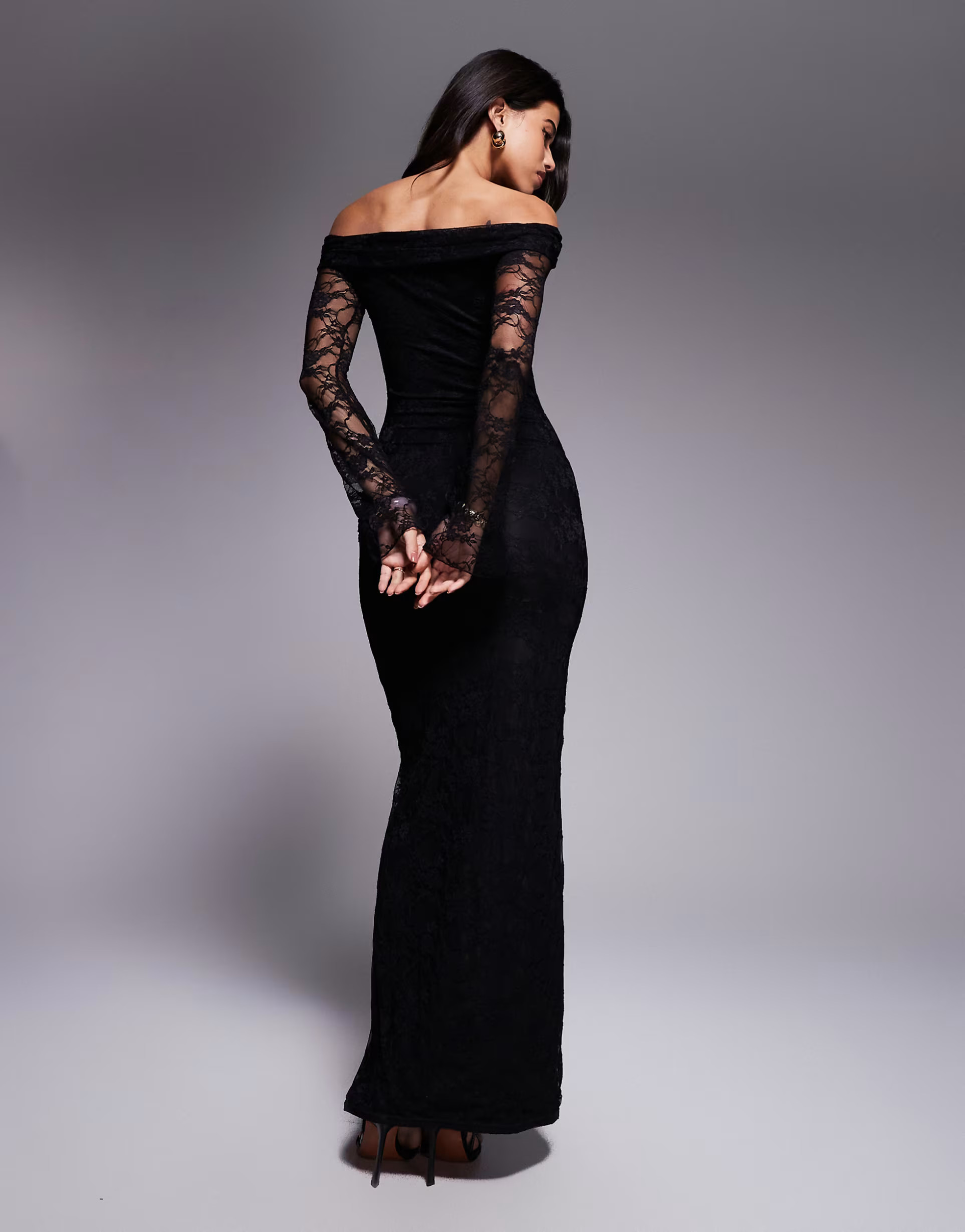 Kaiia exclusive double layered slinky lace bardot flare sleeve tie waist drape detail maxi dress ... | ASOS (Global)