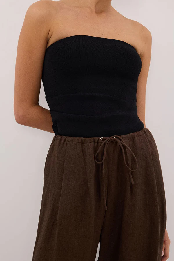 CARLA BITTER CHOC DRAWSTRING LINEN PANT | DISSH
