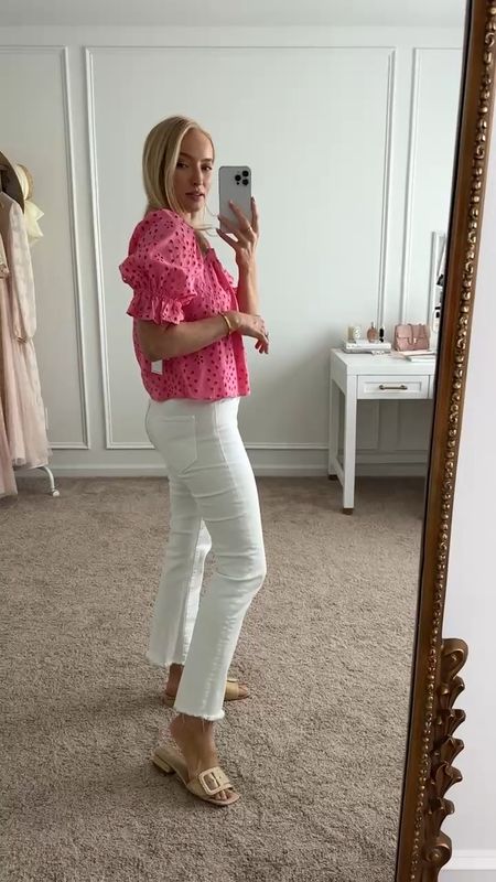 Cutest summer top paired with my favorite Nordstrom Mother white jeans and Same Edelman sandals! This would be an adorable daytime outfit! Wearing size small in the top and size 28 in the jeans. Summer tops // white jeans // summer outfits // daytime outfits // brunch outfits // date outfits // work outfits // Nordstrom finds // Nordstrom fashion 

#LTKStyleTip #LTKFindsUnder100 #LTKSeasonal