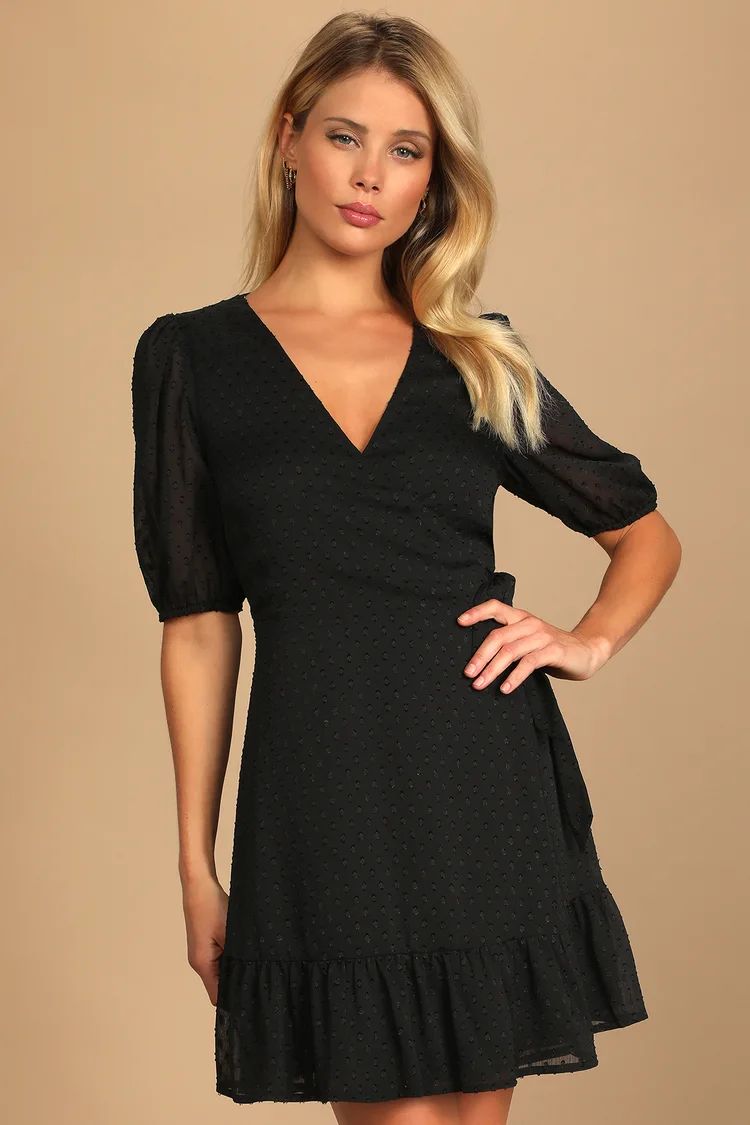 Sweetly Styled Black Swiss Dot Ruffled Puff Sleeve Wrap Dress | Lulus (US)