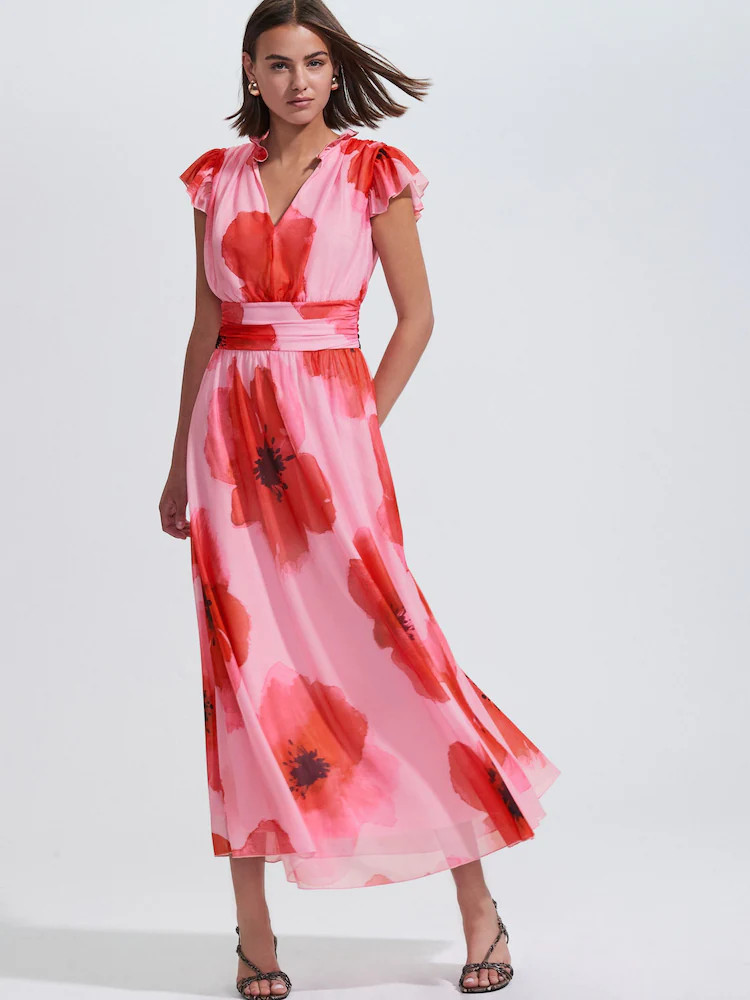 Red/Pink Floral Pleated Mesh Print V-Neck Occasion Maxi Dress | Next US