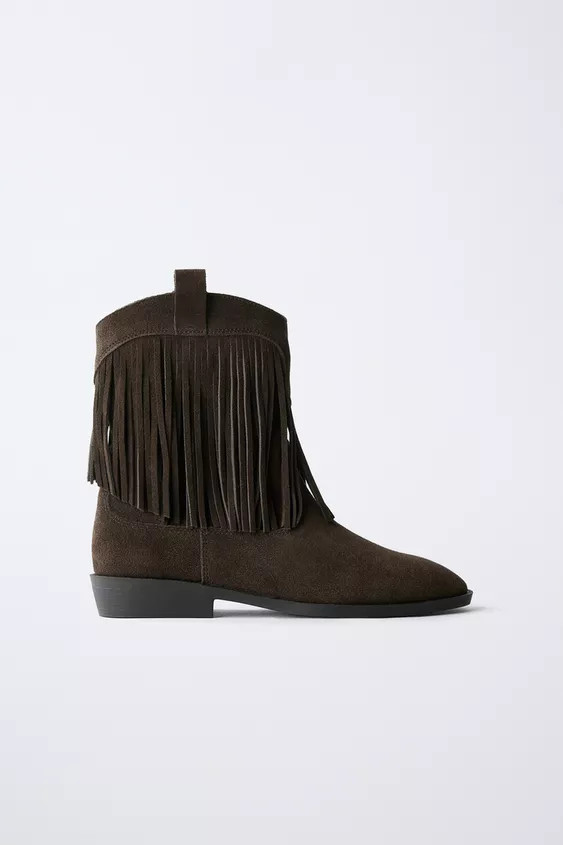 LEATHER COWBOY ANKLE BOOTS WITH FRINGES | Zara UK