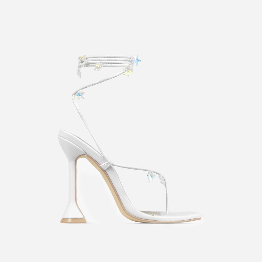 Isla Lace Up Iridescent Star Detail Square Toe Statement Heel In White Faux Leather | EGO Shoes (US & Canada)