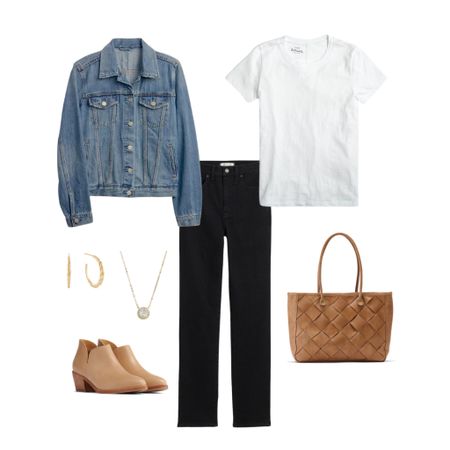 One base, 6 outfits 🍁 White tee and black jeans styled six ways with layers, shoes and accessories.  