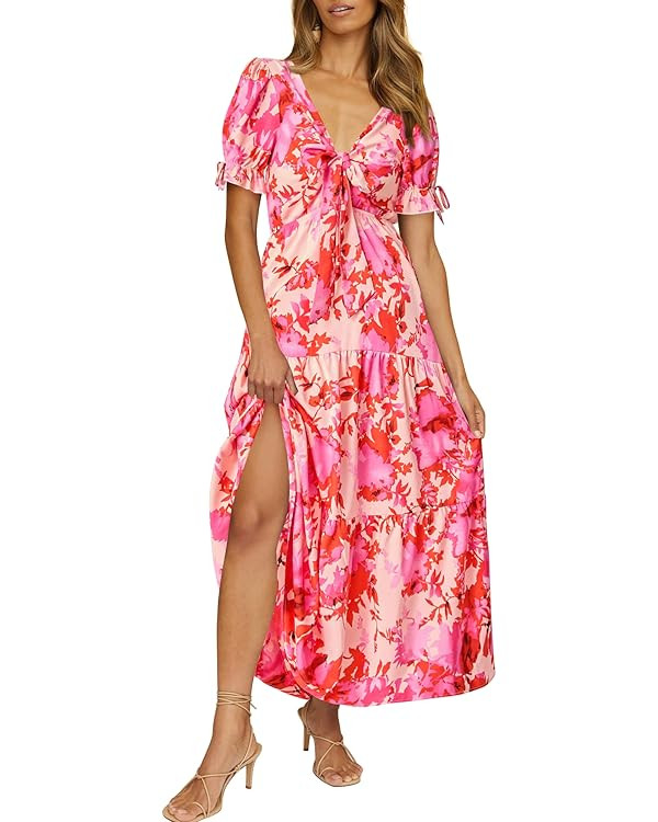 BTFBM 2025 Womens Summer Boho Dress Tie Front Deep V Neck Cutout Short Sleeve Casual Party Floral... | Amazon (US)