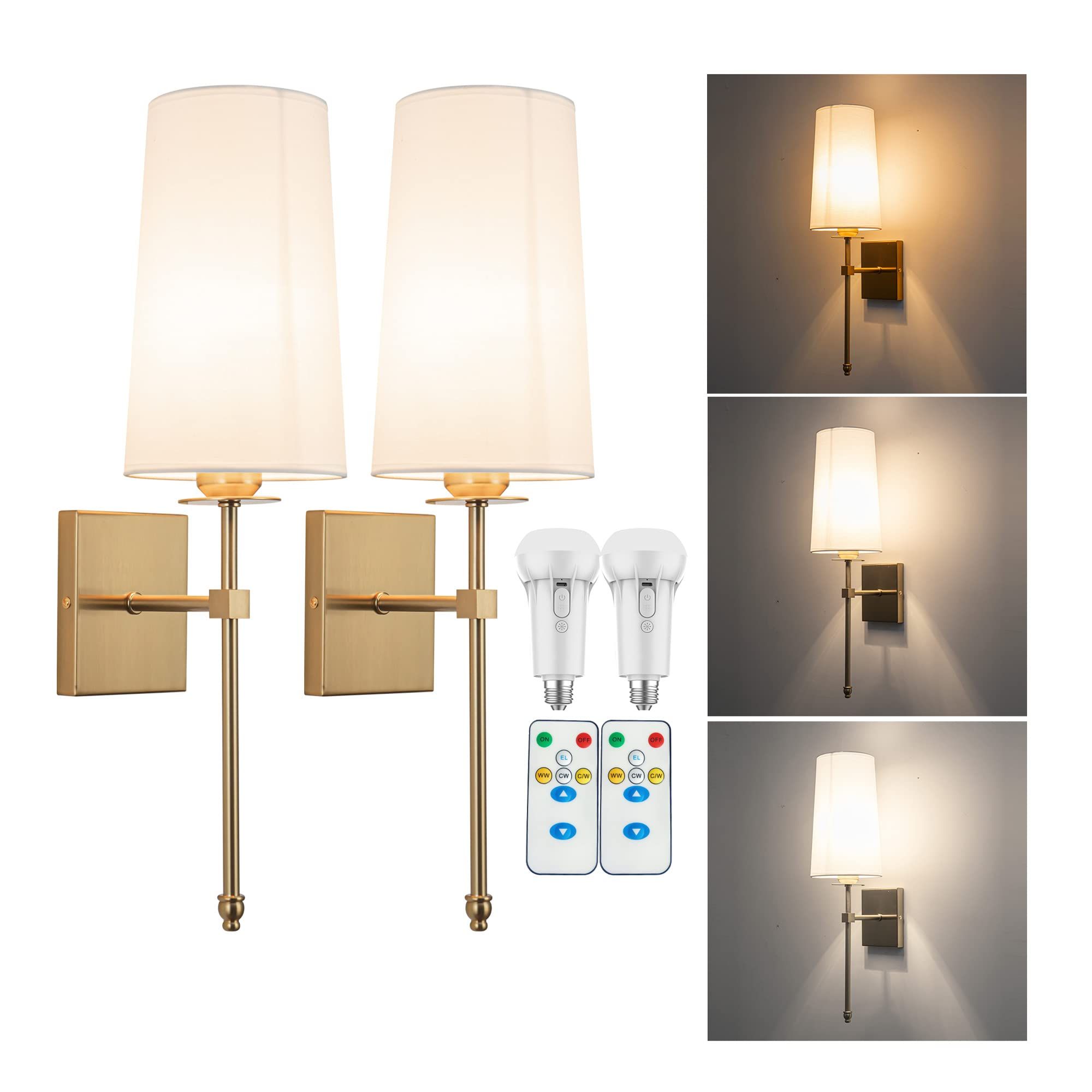 Slim Wall light Fixture Battery Operated Wall Sconce Set Of Two White Fabric Shade Wall Sconce with  | Amazon (US)