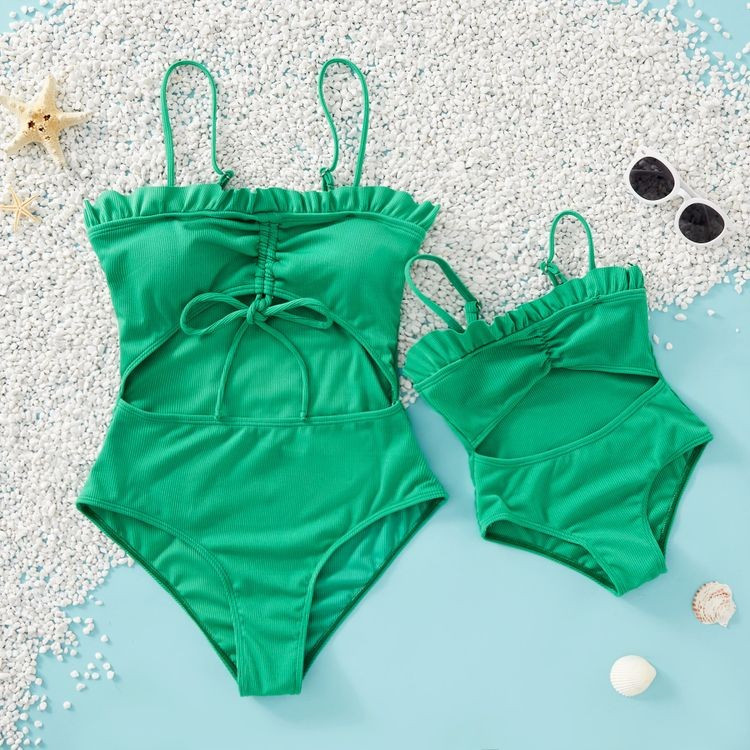 Mommy and Me Ruffle Decor Hollow Out Solid Swimsuits | PatPat
