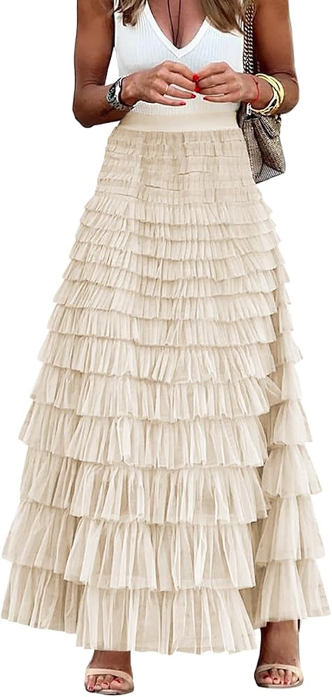 Women's Fairy Tulle Midi Skirt Sweet Elastic High Waist A-Line Ruffle Tiered Layered Mesh Puffy L... | Amazon (US)