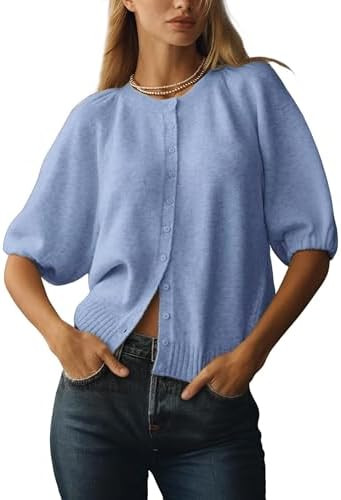 Women's Casual Short Puff Sleeves Crewneck Cardigan Button Down Knit Sweater Open Front Jumper | Amazon (US)