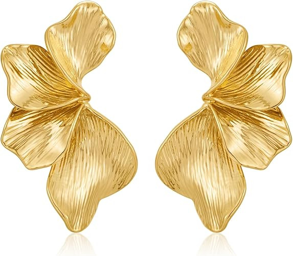 Chunky Gold Statement Earrings For Women Gold Plated Sectored Flower Leaf Shell Angel Wing Earrin... | Amazon (US)