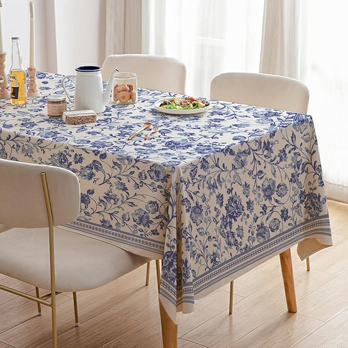Thick Linen Rectangle Tablecloth - White and Blue Floral Waterproof Rustic Toile French Country T... | Amazon (US)