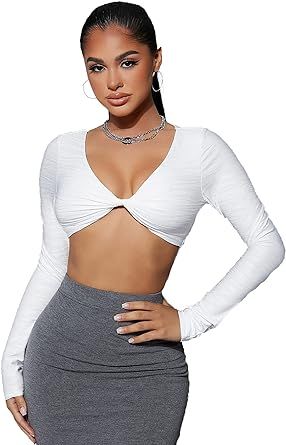 SheIn Women's Sexy Twist Front Deep V Neck Crop Tee Shirt Long Sleeve Solid Top | Amazon (US)