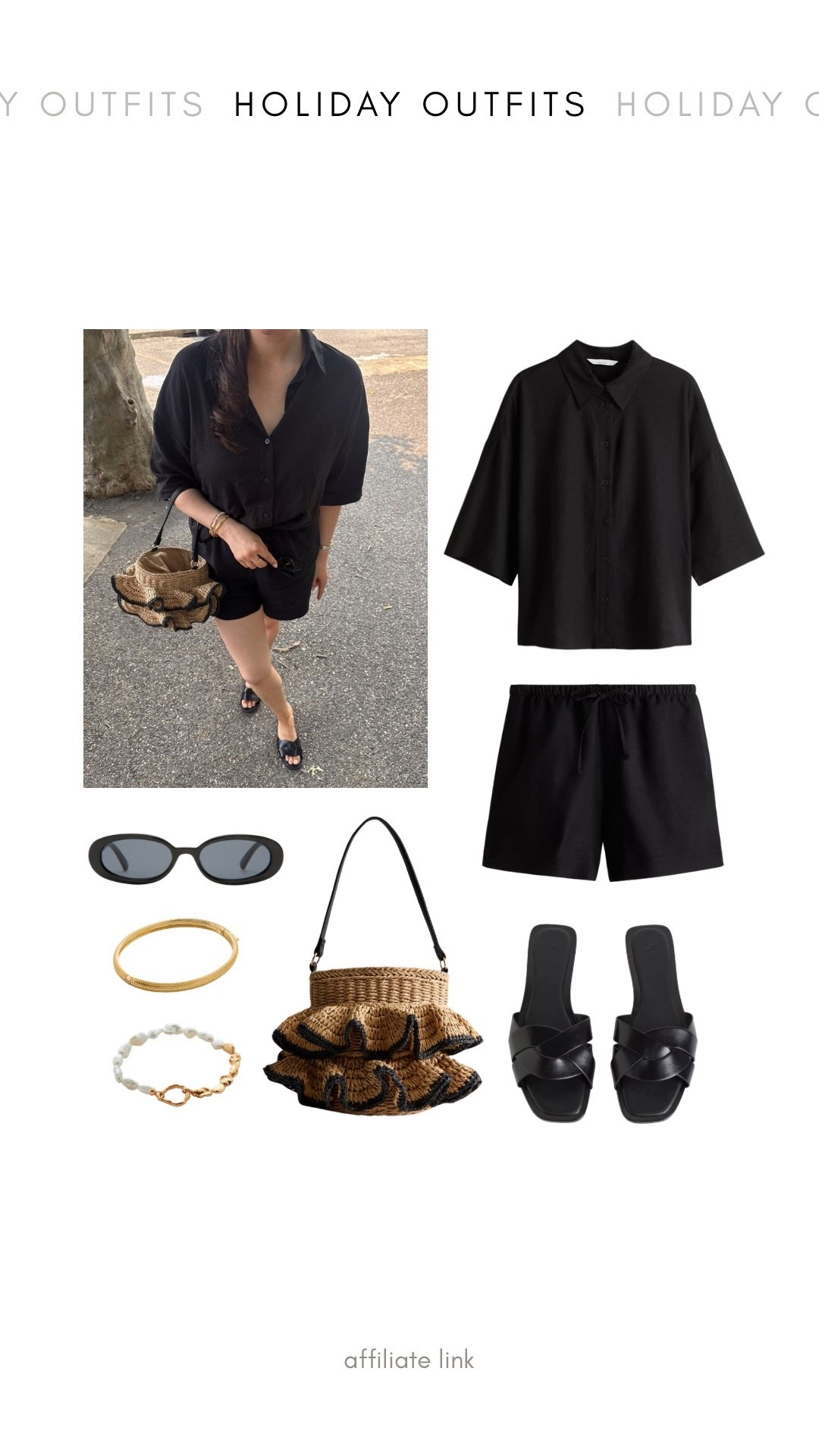 Casual summer holiday outfit idea - H&M black linen blend oversized shirt & drawstring shorts, black strappy sandals, new look raffia & black frilled bag, Monica vinader gold bracelets, le specs black sunglassess

#LTKsummer #LTKuk #LTKstyletip
