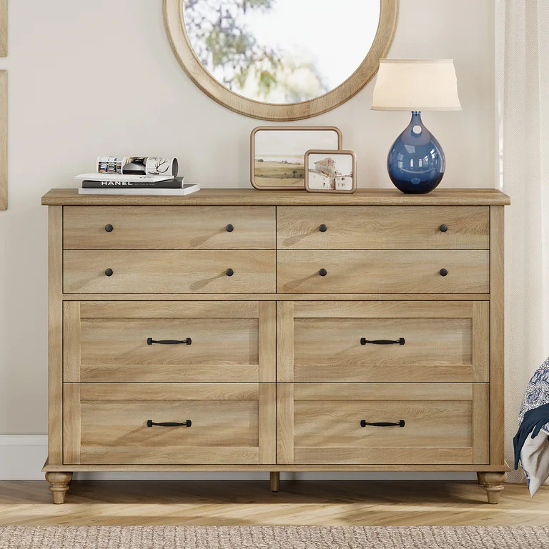 Oak 8 Drawer Dresser for Bedroom, Wooden Chest of Drawers for Living Room - Walmart.com | Walmart (US)