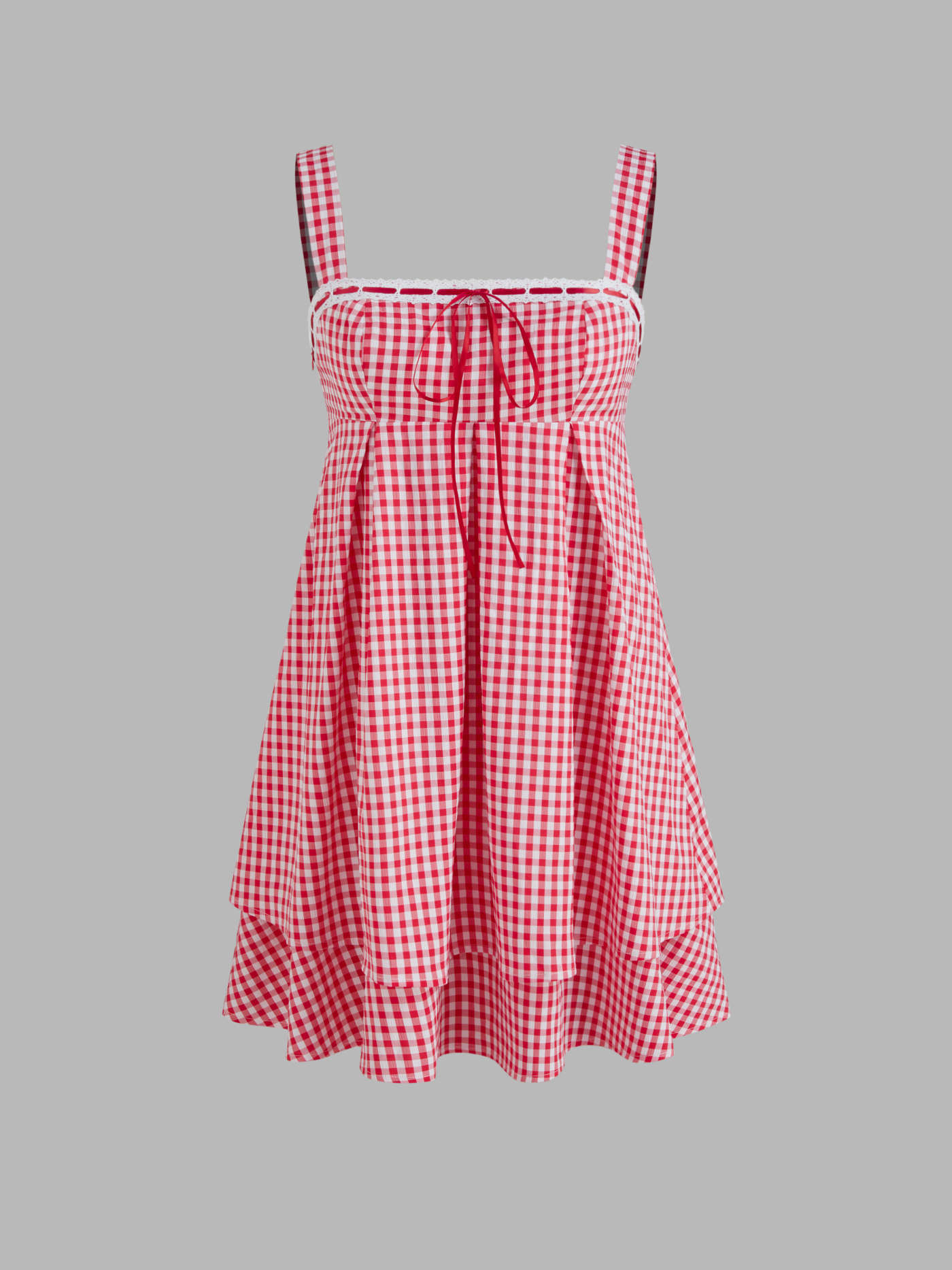 Square Neck Gingham Babydoll Knotted Layered Mini Dress | Cider