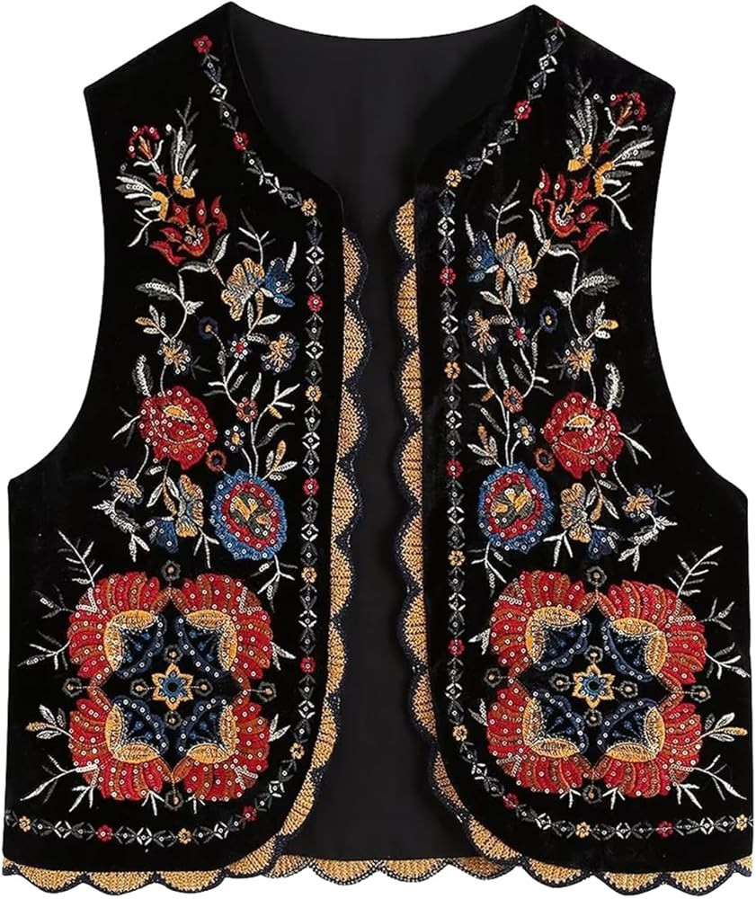hathne Floral Embroidered Vest for Women Boho Vintage Sleeveless Open Front Cardigan Shirt Waistc... | Amazon (US)