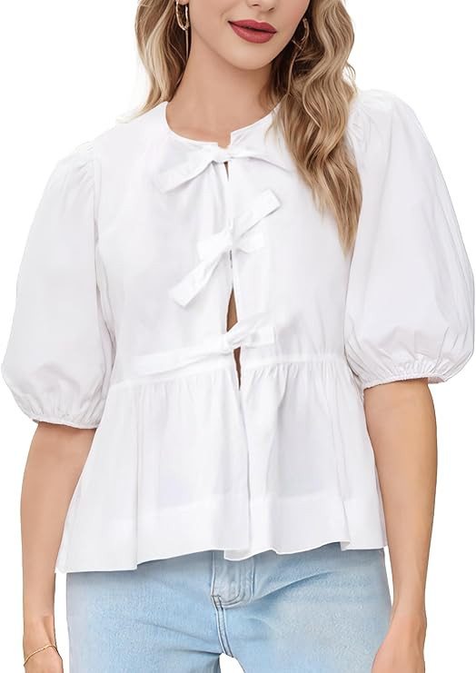 Womens Tie Front Top Peplum Babydoll Shirt 3/4 Puff Sleeve Blouse Bow Coquette Tshirt Y2K Going O... | Amazon (US)