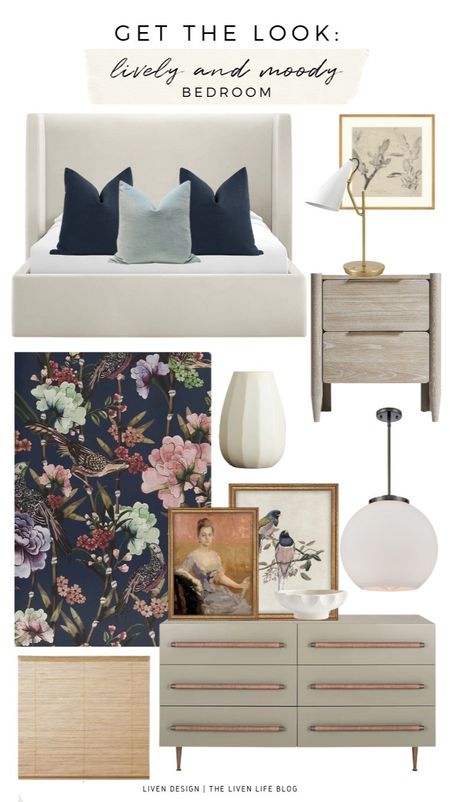 Bedroom decor. Moody floral wallpaper. Upholstered bed. Modern bedroom. Ceramic case. White and brass lamp. Botanical art. Blue pillow. Throw pillows. Natural woven blinds shade. Bird art. 

#LTKsalealert #LTKhome #LTKstyletip