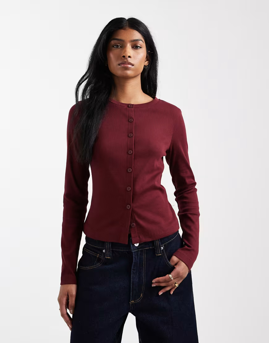 ASOS DESIGN cotton rib crew neck button through top in burgundy-Red | ASOS (Global)