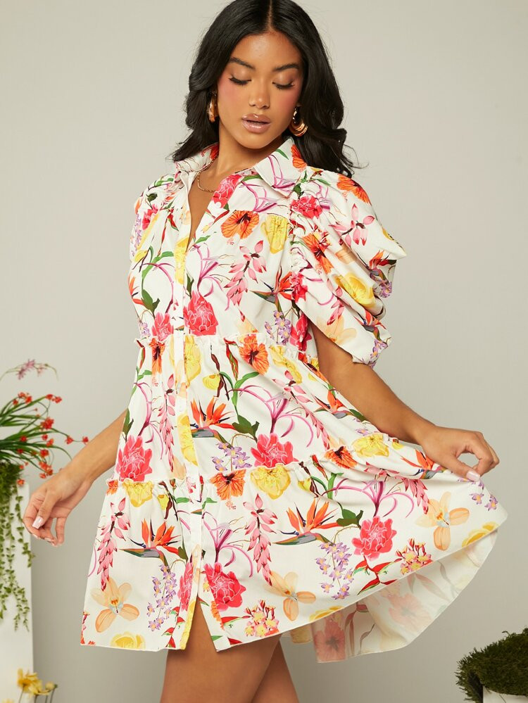 SHEIN VCAY Floral Print Puff Sleeve Ruffle Hem Smock Dress | SHEIN