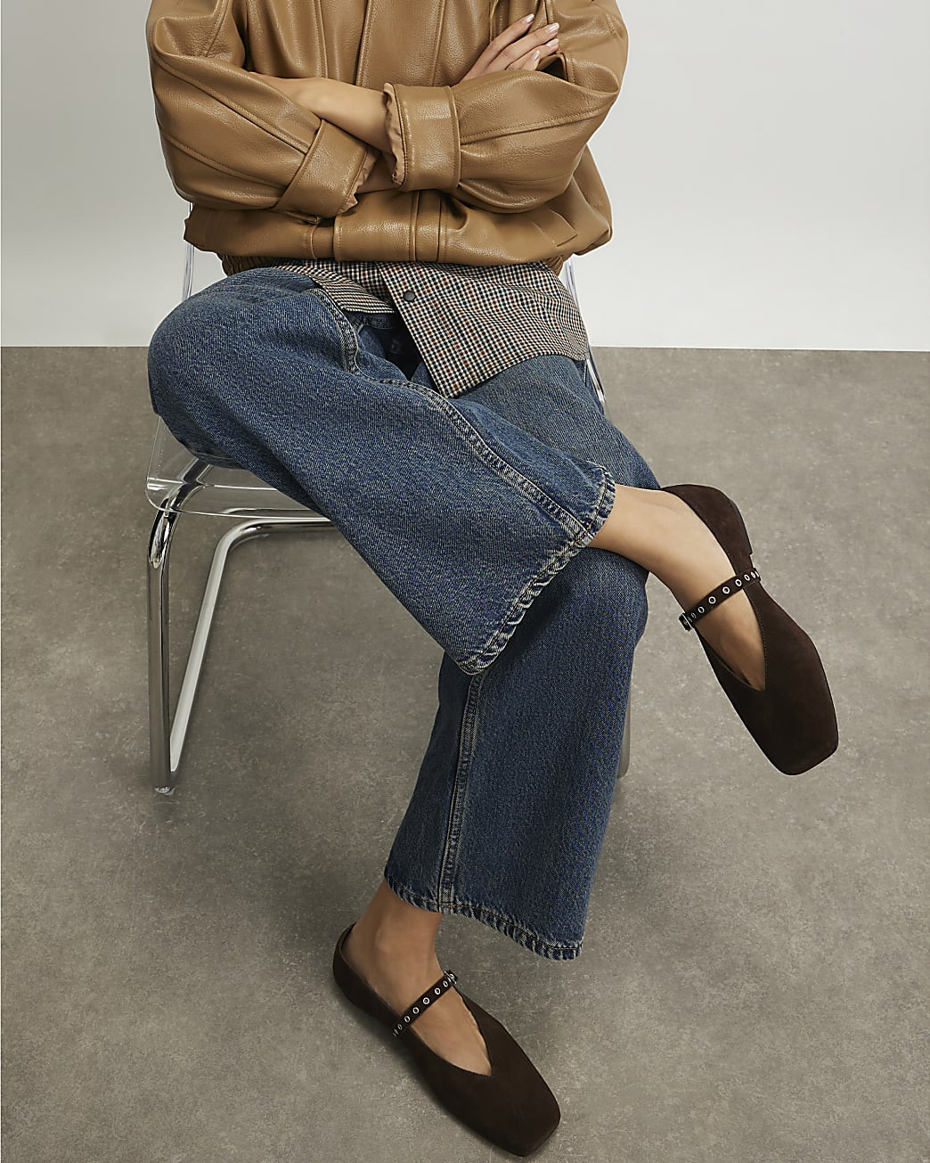 Brown Suede Eyelet Square Toe Ballet Pumps | River Island UK & IE