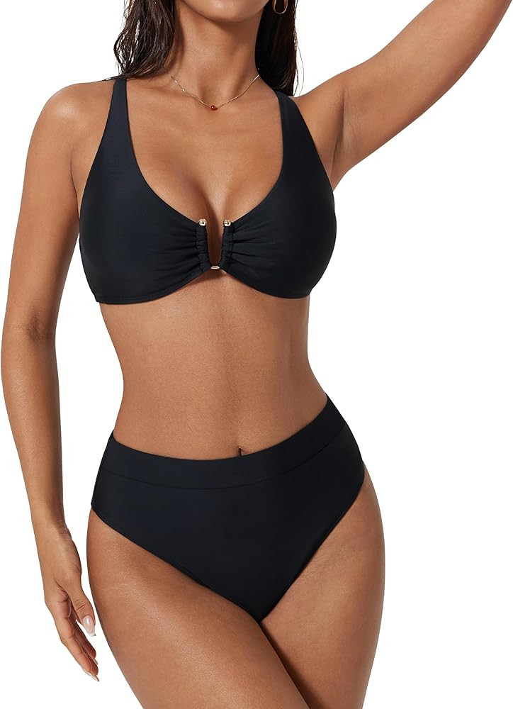 SUUKSESS Women 2 Piece Bikini Set U-Wire Cutout High Waisted Tummy Control Swimsuit | Amazon (US)