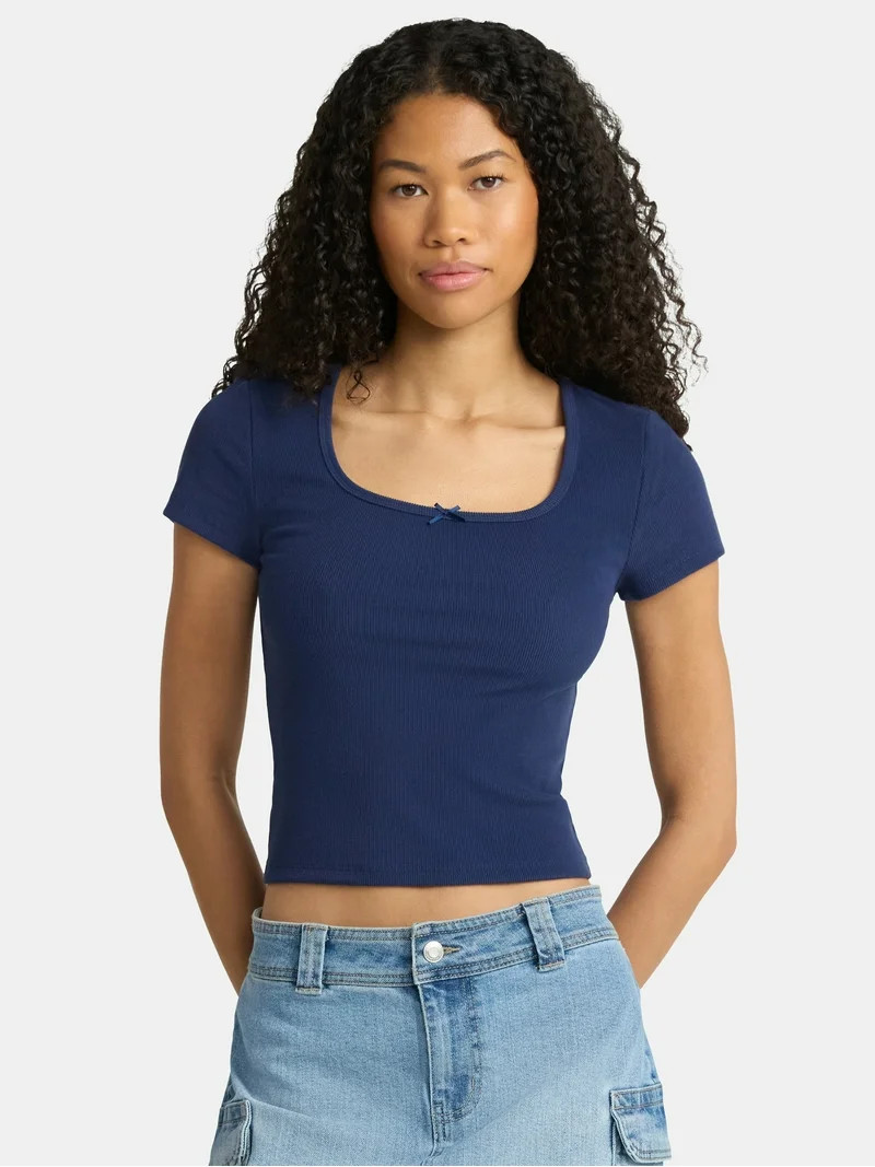 No Boundaries Square Neck Tee with Satin Bow, Women's | Walmart (US)