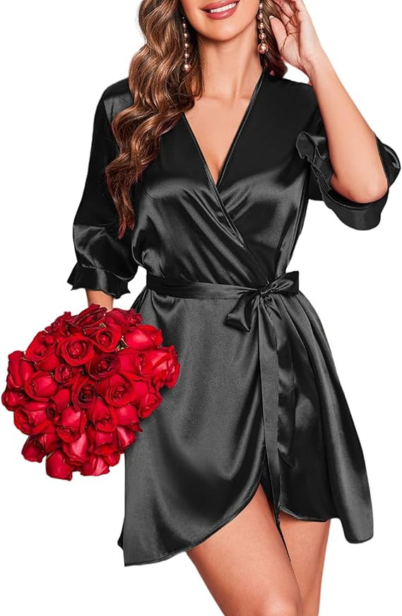 Ekouaer Women's Satin Robe Valentines Lingerie for Women Kimono Bathrobe Short Ruffle Belted Robe... | Amazon (US)