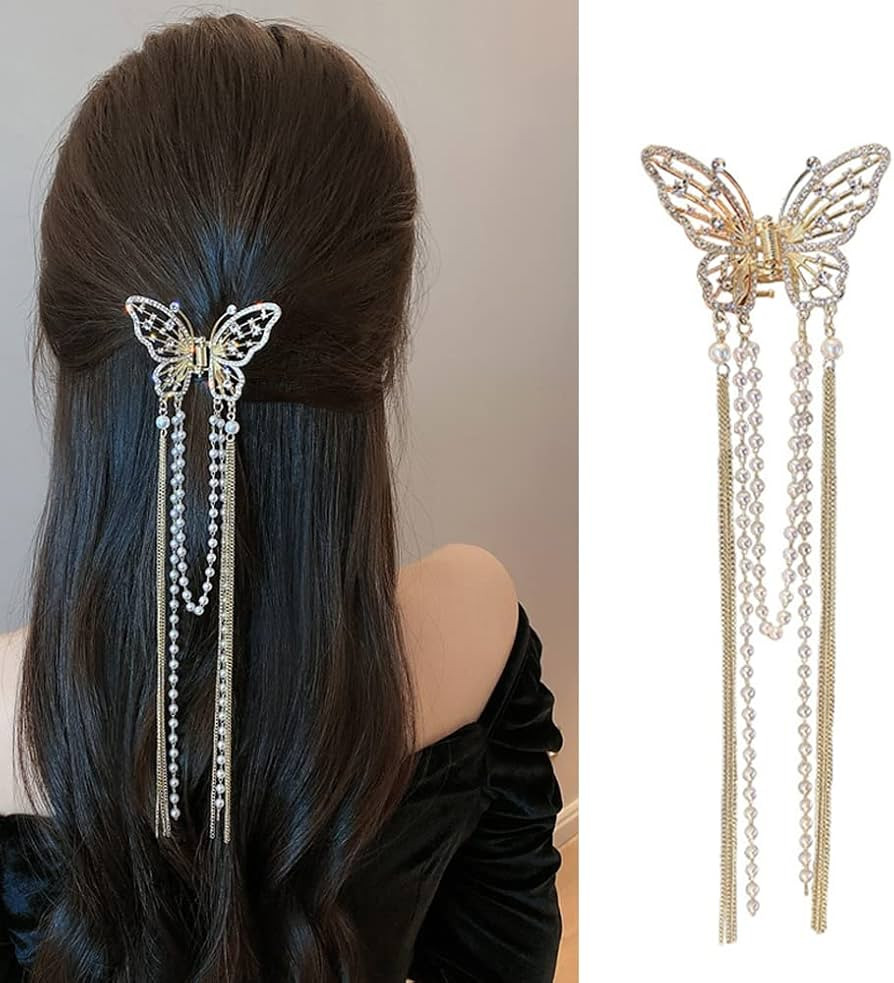 Butterfly Hair Clips with Tassel Crystal Rhinestone Gold Butterfly Hair Claws Metal Butterfly Pea... | Amazon (US)