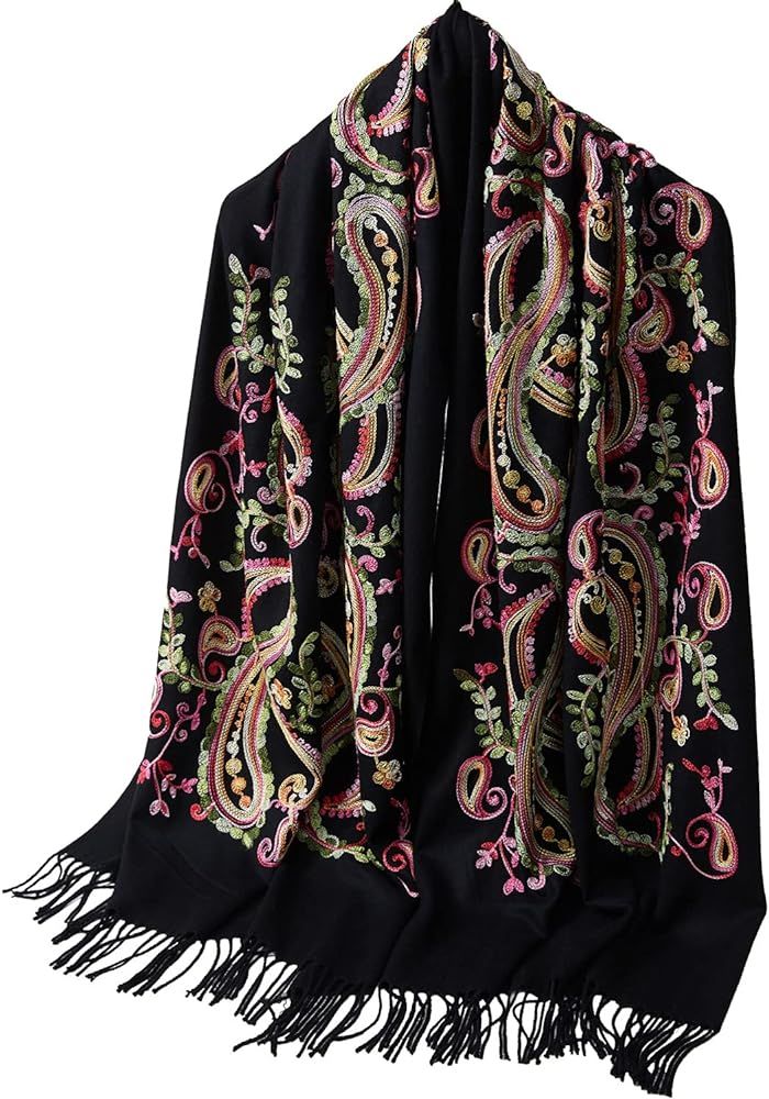 Embroidered Paisley Leaves Shawl Brushed Cashmere Silk Scarf Soft Ponchos Pashmina Wrap Cape 72"x... | Amazon (US)