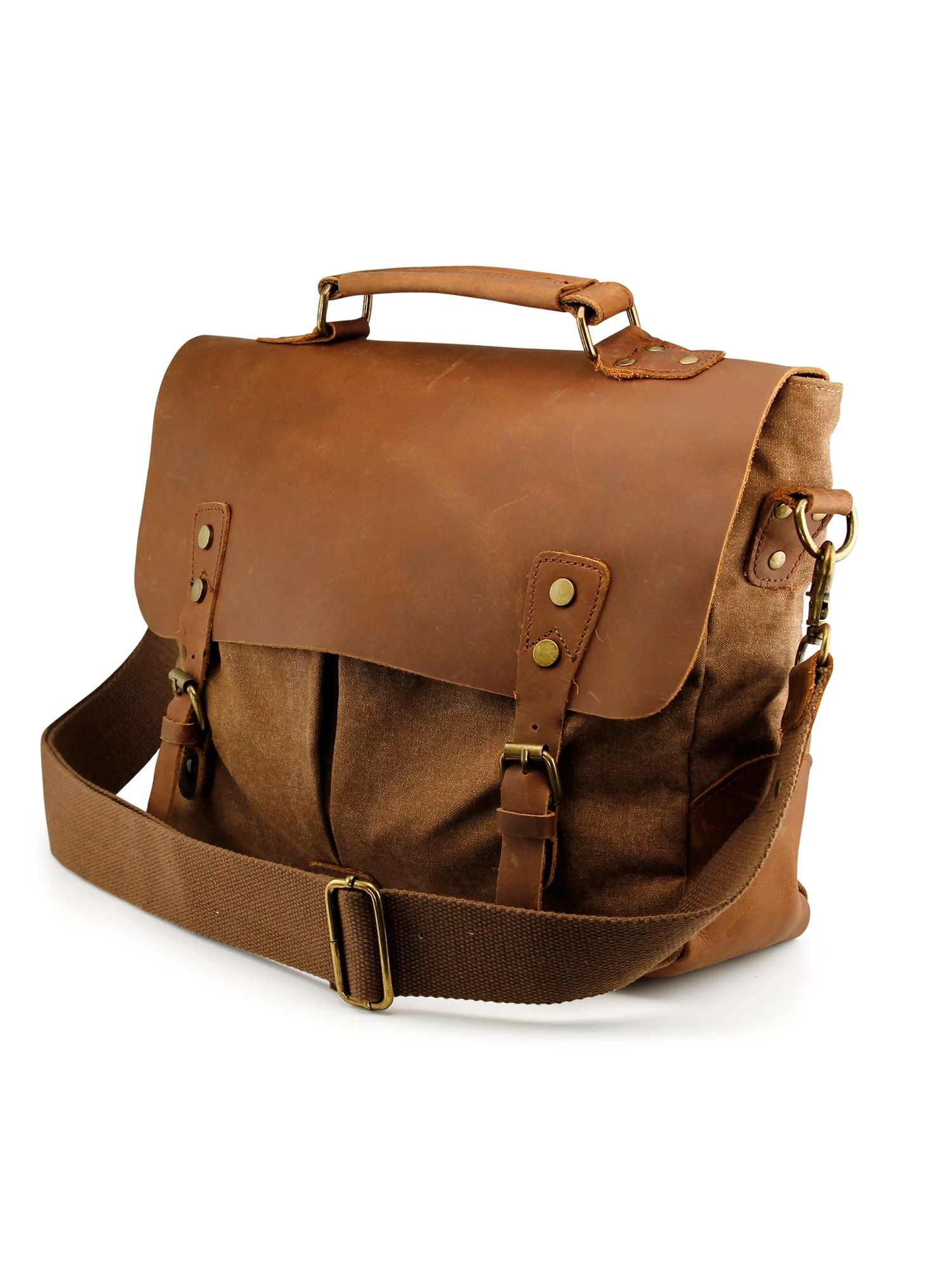 Men's Vintage Canvas Leather Satchel School Military Messenger Shoulder Bag Travel Bag - Khaki - ... | Walmart (US)