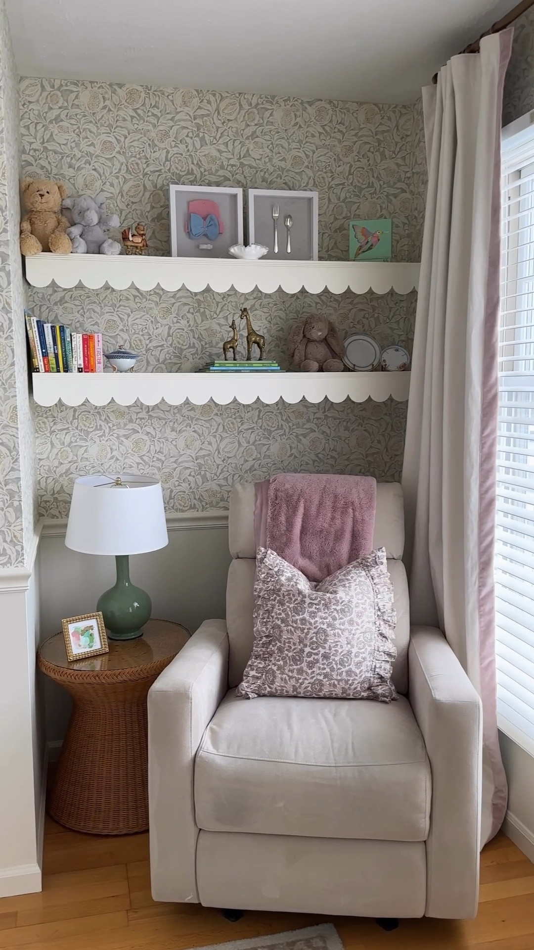 Sharing the cozy corner in our daughter’s nursery featuring our favorite reclining glider, round side table, lamp, and scalloped shelves that hold some of our favorite memories. These are the nursery furniture and decor pieces that make this space feel extra special and functional.





nursery glider chair
nursery reclining glider
nursery chair for feeding
nursery decor ideas
neutral nursery decor
nursery side table decor
nursery table lamp
nursery curtains neutral
nursery wall shelves decor
cozy nursery corner
nursery furniture ideas
baby nursery room decor
nursery throw pillow
nursery glider chair decor

#LTKHome #LTKBump #LTKBaby