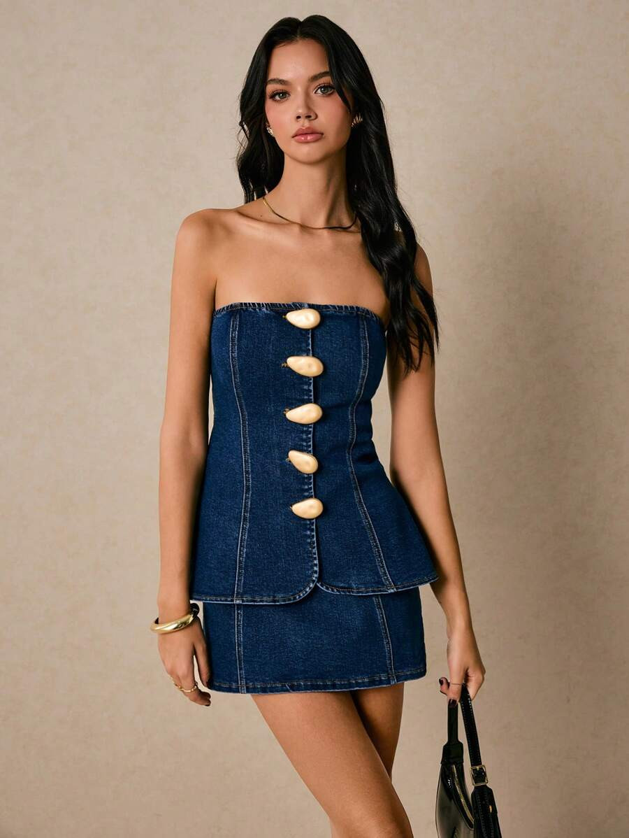 Poéselle Women's Denim Suits Denim Tube Top And Jeans Skirt Metal Button Decoration Women's Two ... | SHEIN