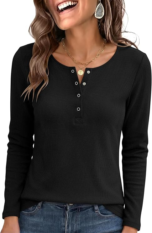 ANRABESS Women's Long Sleeve Waffle Tops Henley Shirts | Button Up Scoop Neck Knit Top, Dressy Ca... | Amazon (US)