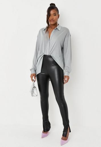 Missguided - Black Faux Leather Stretch Split Hem Flare Pants | Missguided (US & CA)