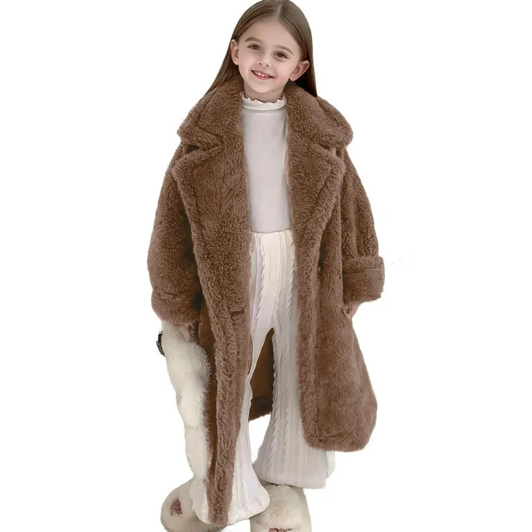 Girls Faux Fur Teddy Long Coat Kids Winter Sherpa Fleece Jacket Plush Fuzzy Overcoat One Button W... | Walmart (US)
