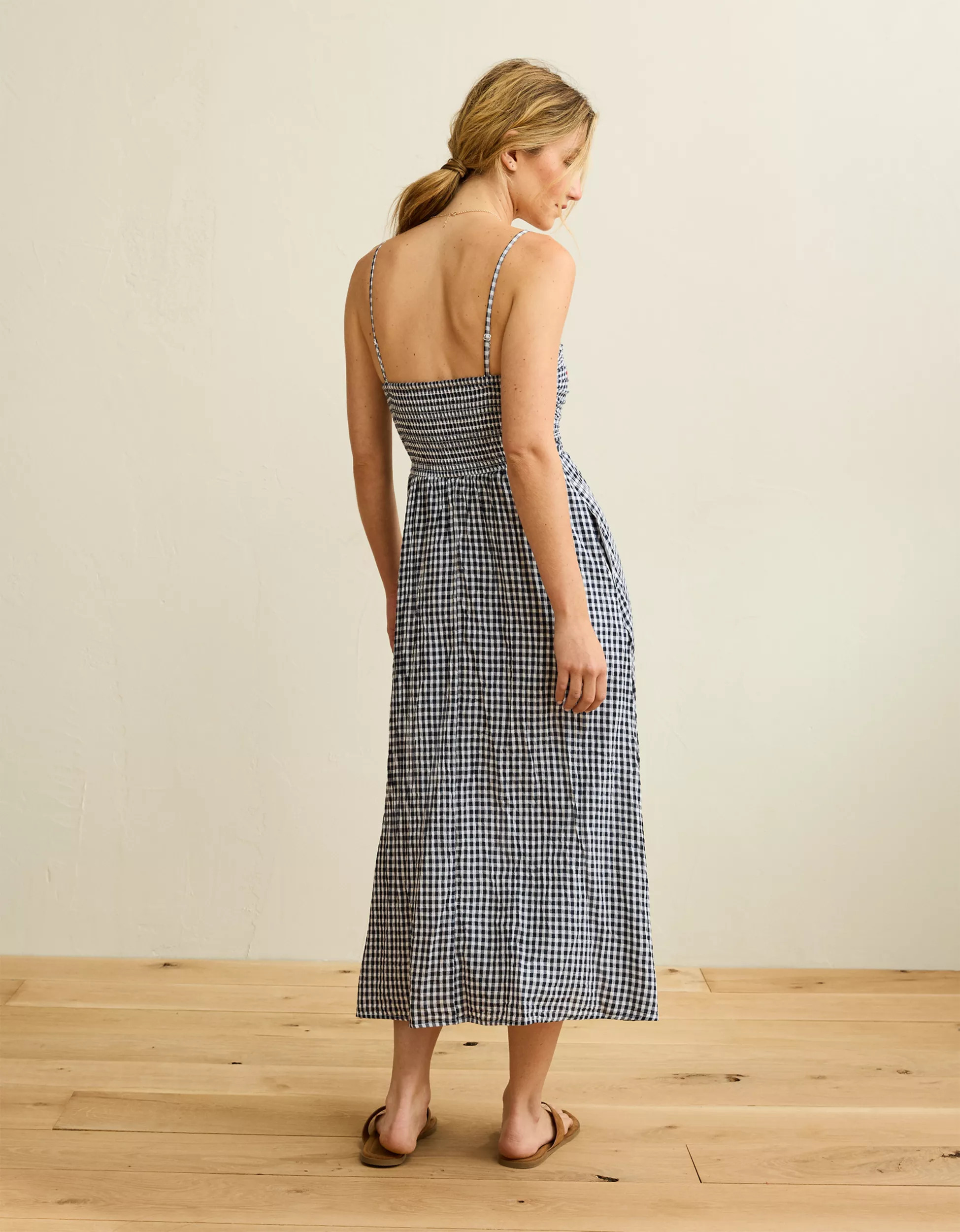 AE Strapless Smocked Embroidered Midi Dress | American Eagle Outfitters (US & CA)