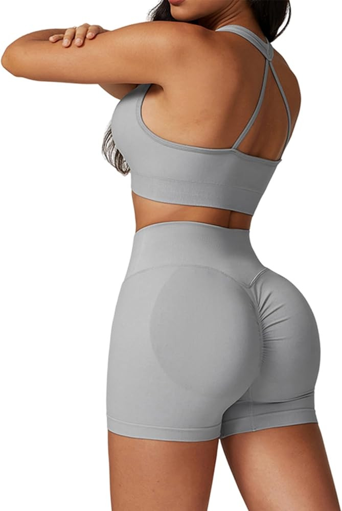 Seamless Womens Workout Sets V Neck Sports Bras Matching High Waist Butt Biker Short 2 Piece Gym ... | Amazon (US)