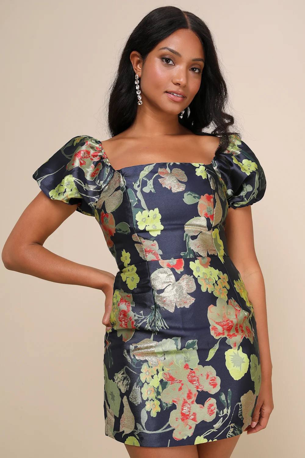 So Stunning Navy Blue Floral Jacquard Puff Sleeve Mini Dress | Lulus