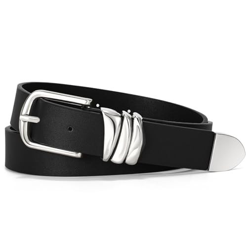VONMELLI Women's Black Belt for Jeans Dress Leather Belt for Women Fashion Waist Ladies Belt with Silver Buckle, M | Amazon (US)